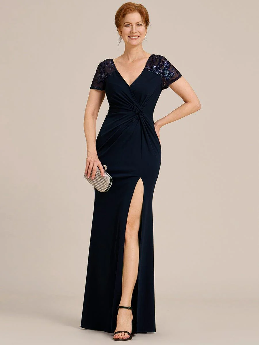 ever GILDED|Short Sequin Sleeve Front Slit Mother of the Bride Dress - Image 12