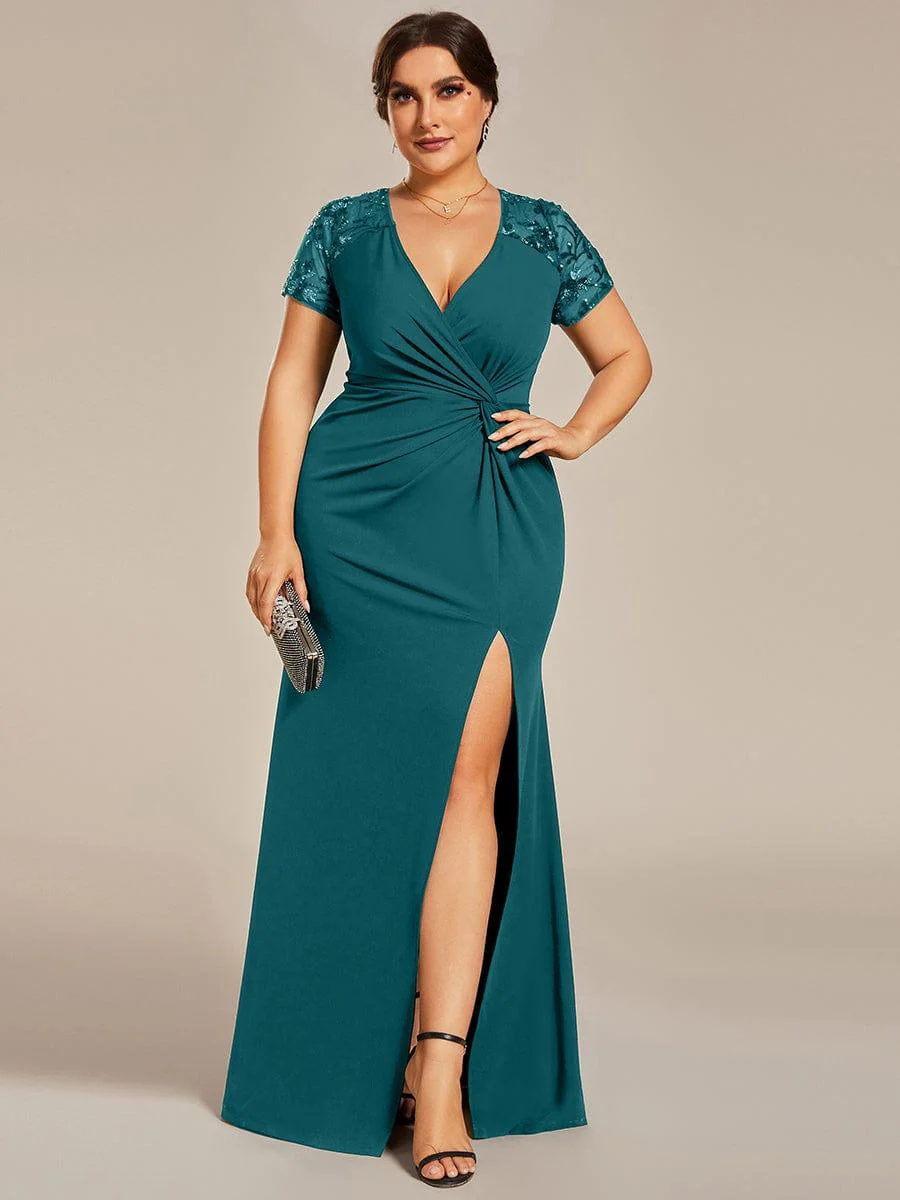 ever GILDED|Short Sequin Sleeve Front Slit Mother of the Bride Dress - Image 31