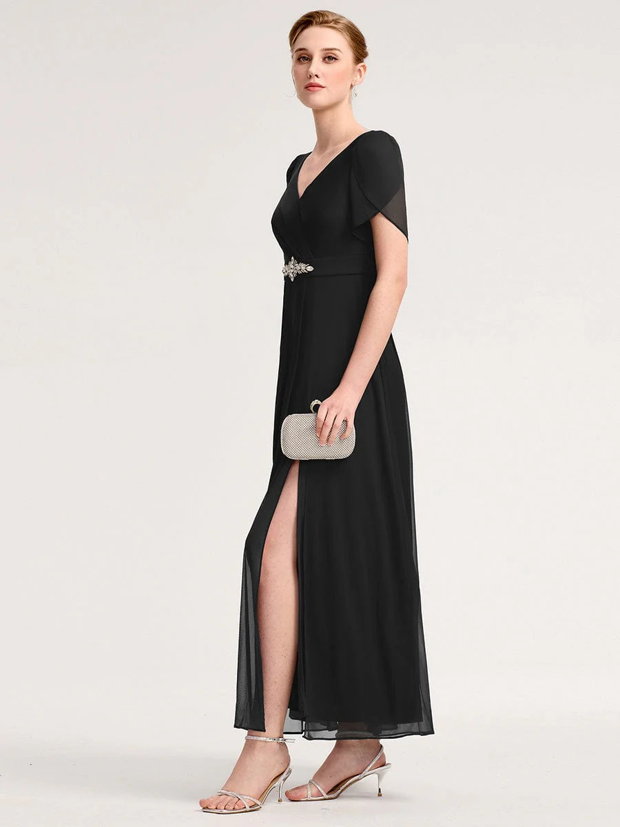 ever NOAH|Rhinestone Embellished Chiffon Ruffle Sleeve Evening Dress - Image 4