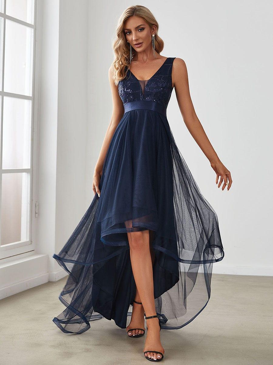 ever SASHIA|Fashion High-Low Deep V Neck Tulle Prom Dresses with Sequin Appliques - Image 6