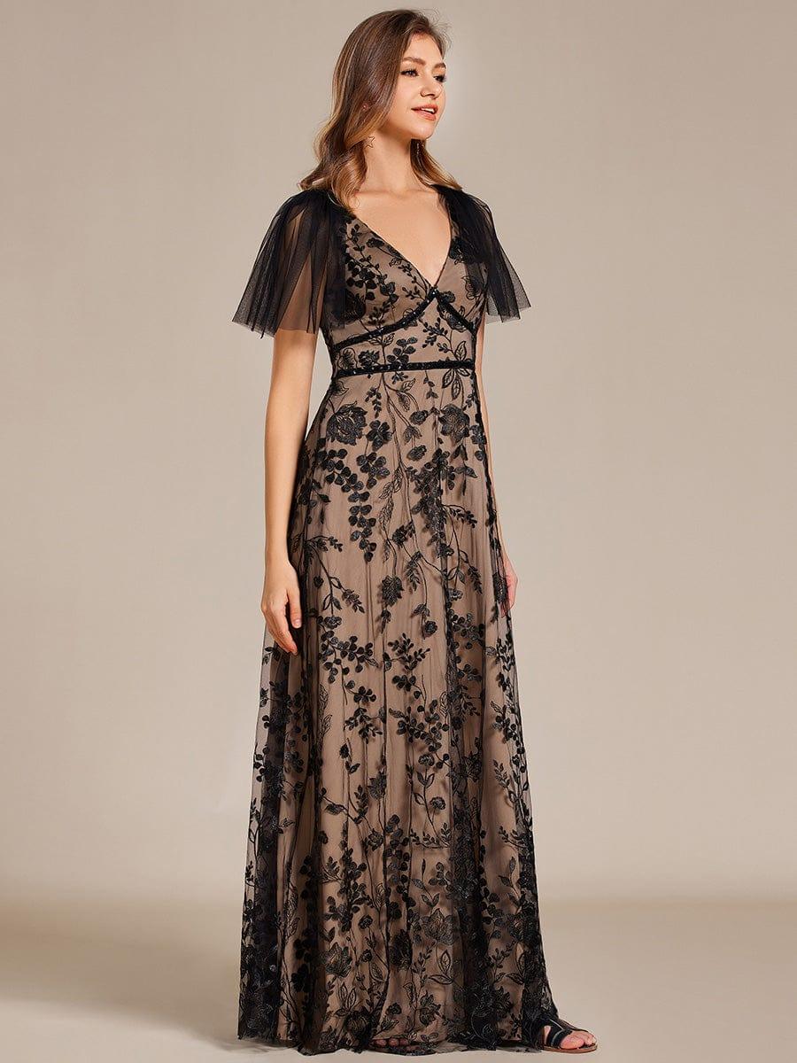 Flared Sleeve Embroidered Mesh Evening Maxi Dress - Image 4