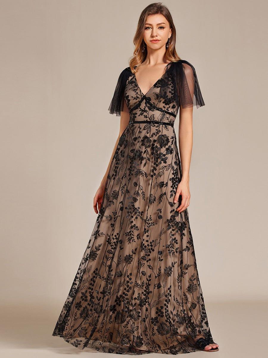 Flared Sleeve Embroidered Mesh Evening Maxi Dress - Image 5