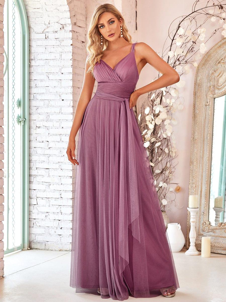 Elegant Double V-Neck Tulle Floor-Length Bridesmaid Dresses - Image 11