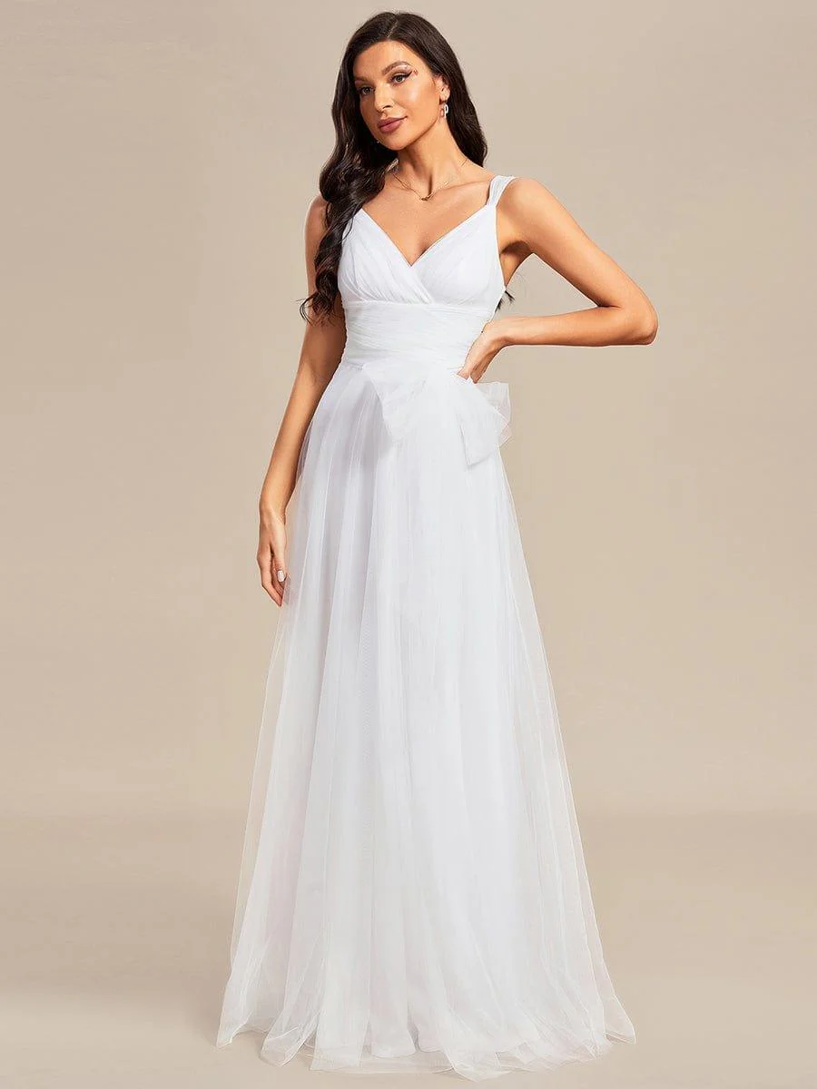 Elegant Double V-Neck Tulle Floor-Length Bridesmaid Dresses - Image 25