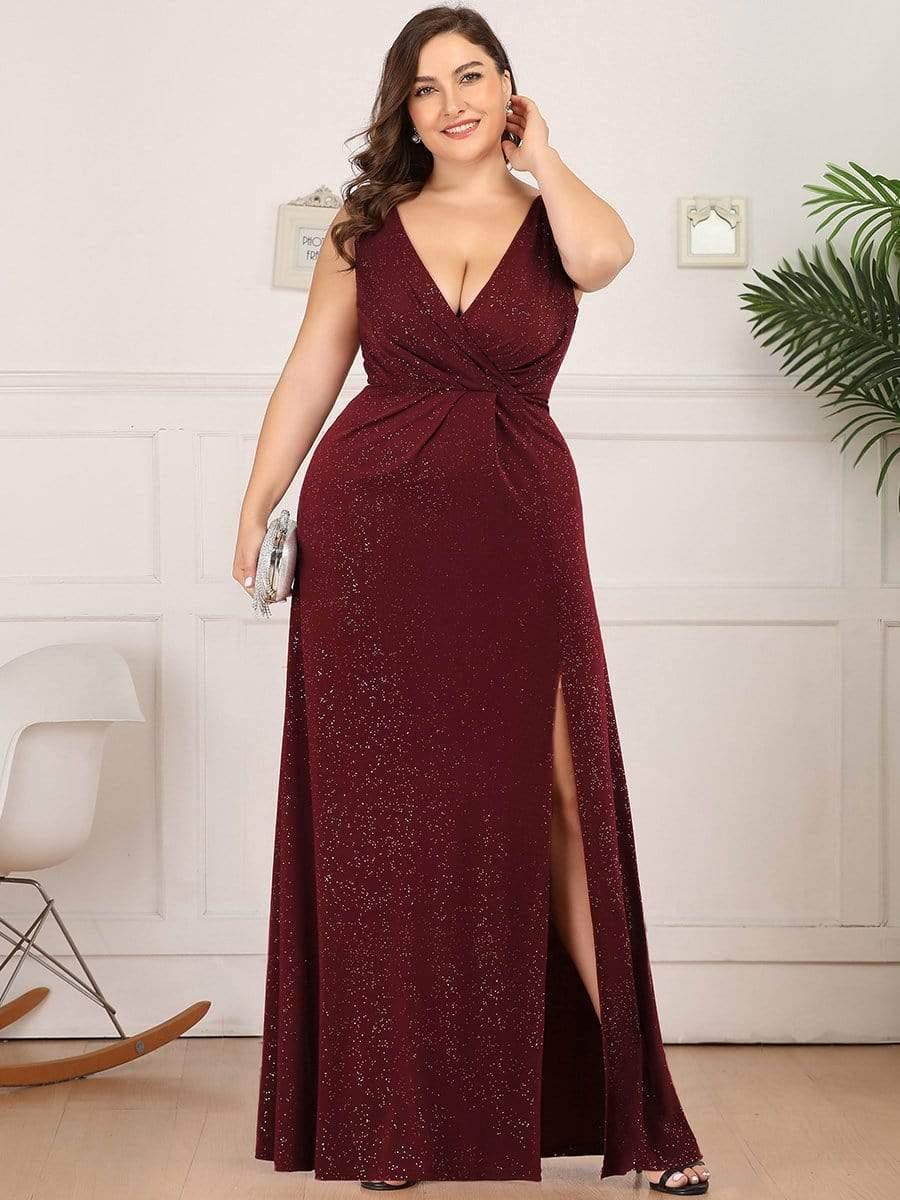 Floor Length V Neck Shimmery Evening Dresses with Side Split - Image 16