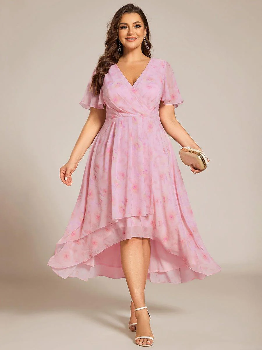 ever LARK|Floral Chiffon Elegance Short Sleeve High-Low Wedding Guest Dress - Image 18