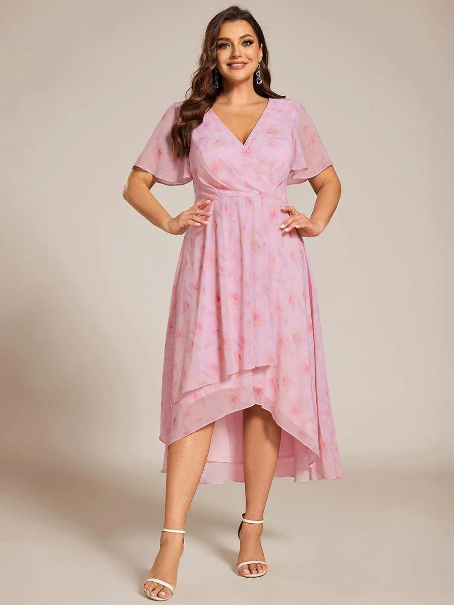 ever LARK|Floral Chiffon Elegance Short Sleeve High-Low Wedding Guest Dress - Image 21