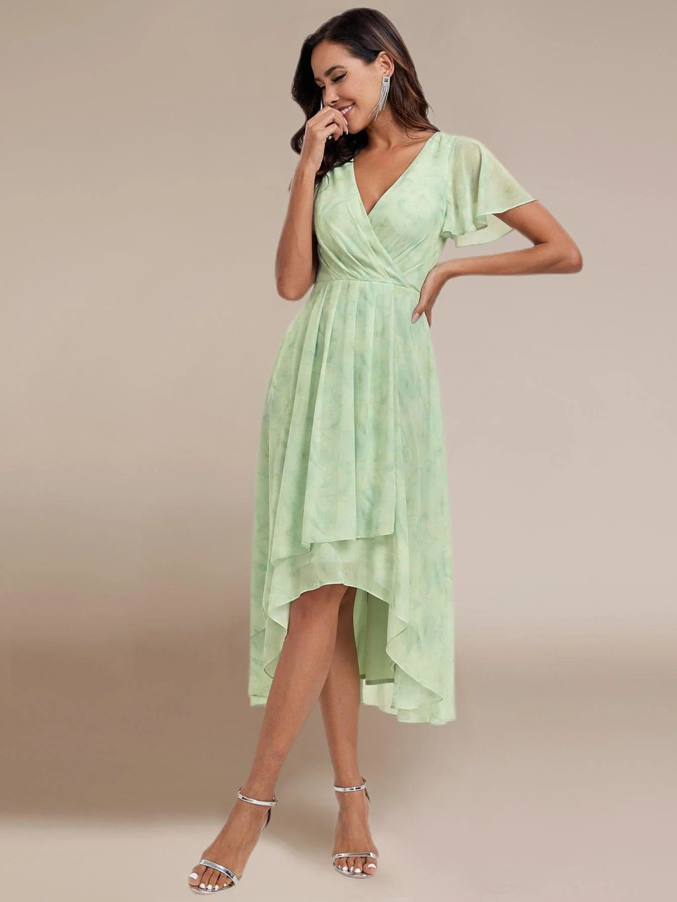 ever LARK|Floral Chiffon Elegance Short Sleeve High-Low Wedding Guest Dress - Image 25