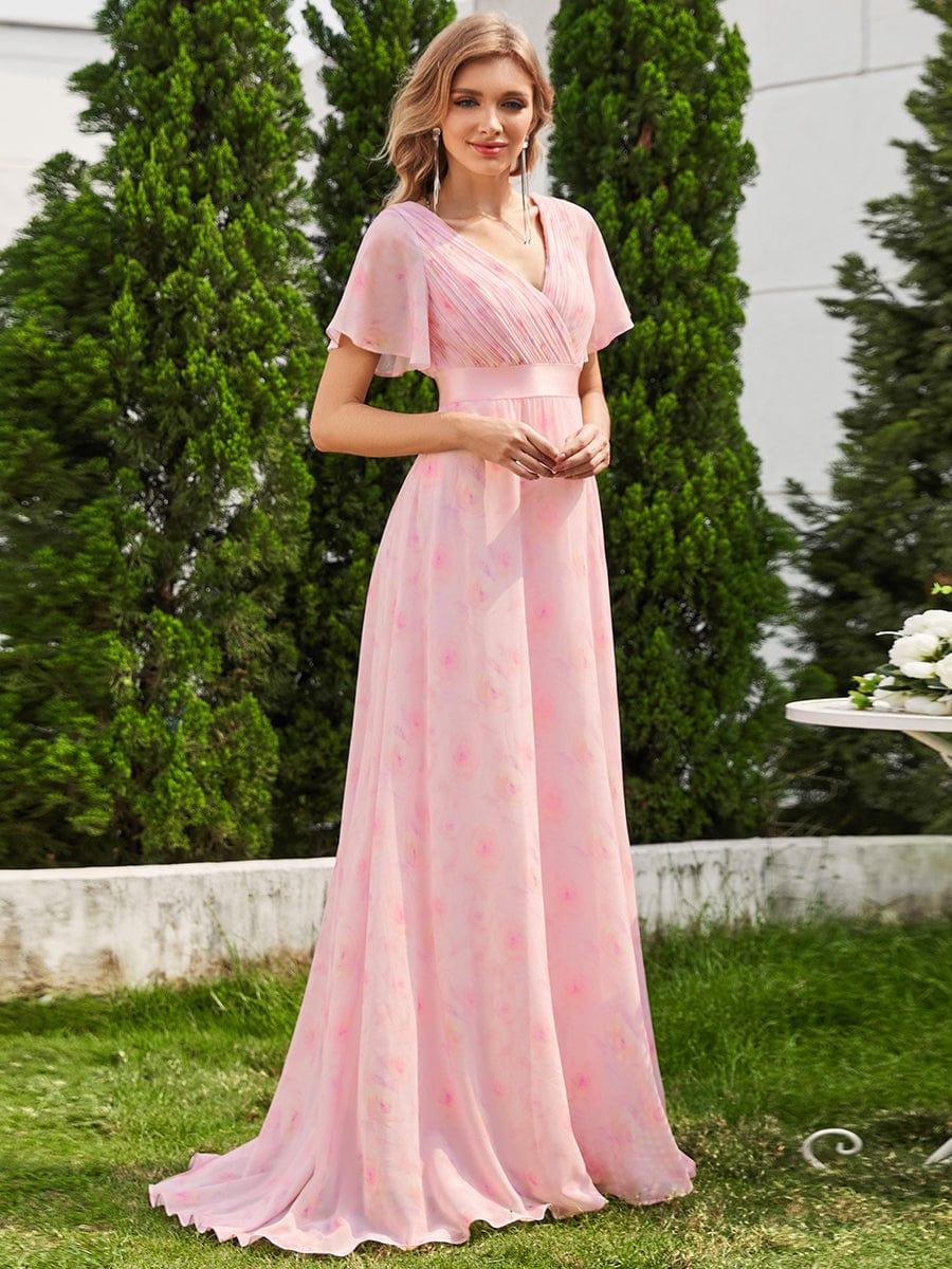 ever MONICA|Floral Chiffon High Waist Short Sleeves Bridesmaid Dress - Image 9