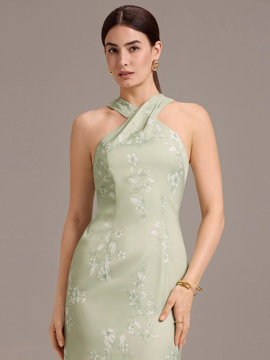 ever AZALEIA|Floral Cross Halter Mermaid Self-Tie Bow Back Maxi Satin Bridesmaid Dress - Image 4