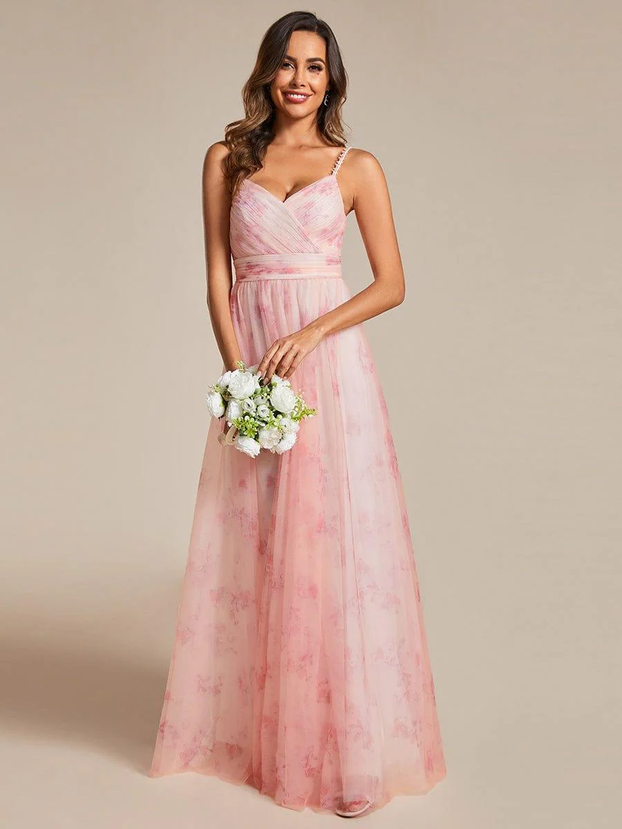 Floral Empire Waist Spaghetti Strap Dress with V-Neck In Pink - Image 4