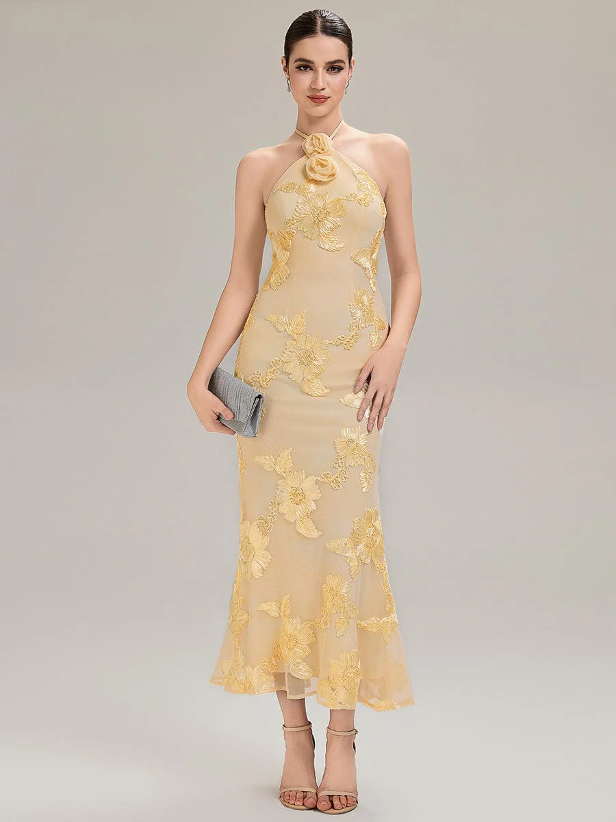 ever OPHELIA|Designer Halter Floral Mesh Evening Dress