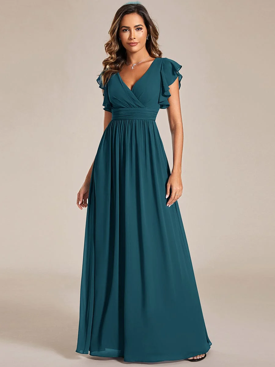 ever LILYANA|Floral V-Neck Open Back Ruffled Sleeves Chiffon Bridesmaid Dress - Image 16