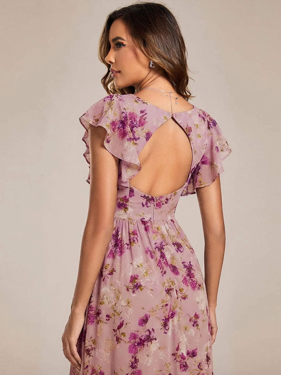 ever LILYANA|Floral V-Neck Open Back Ruffled Sleeves Chiffon Bridesmaid Dress - Image 43