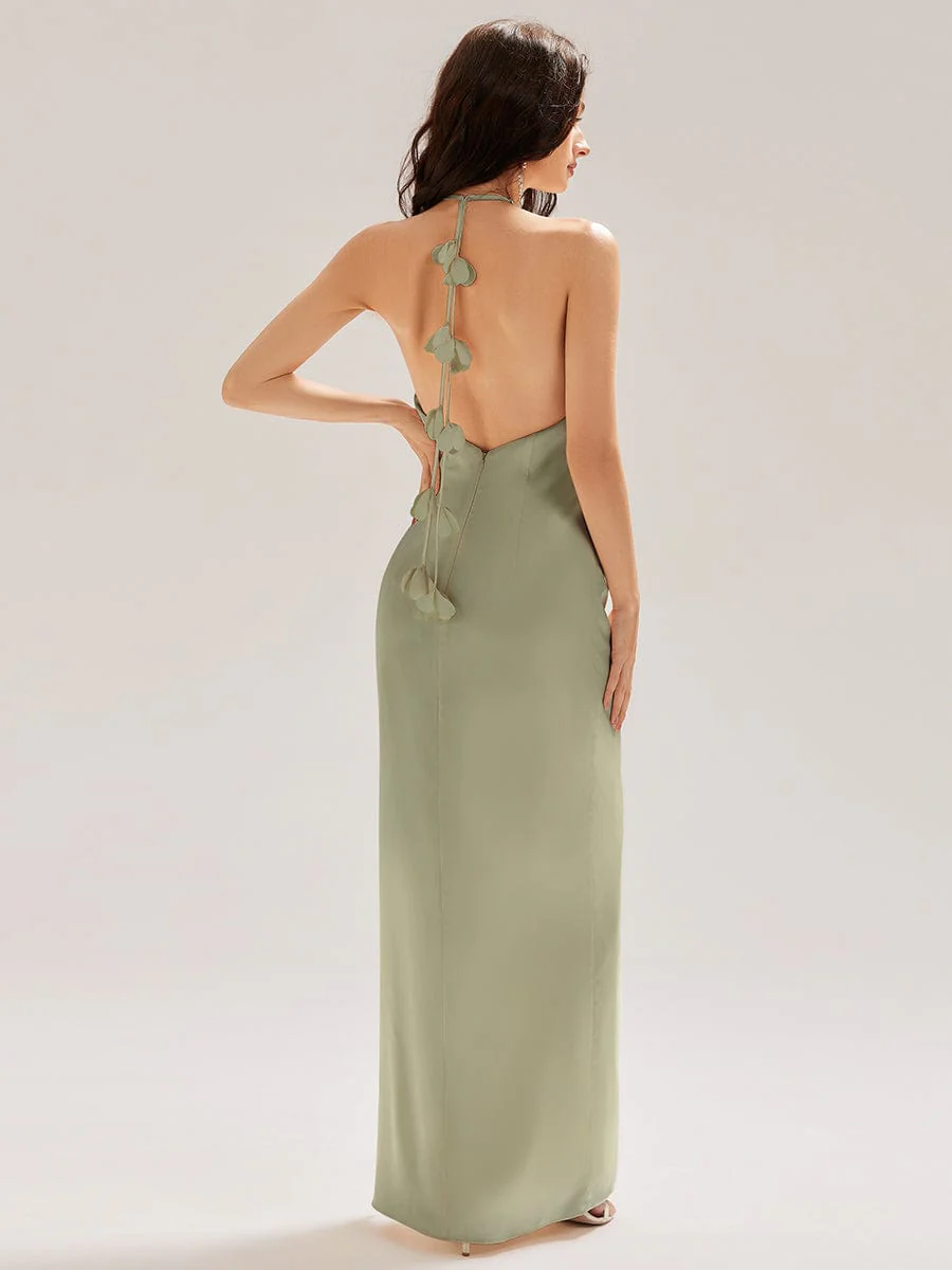 ever ELYS|Halter Satin Bridesmaid Dress with Drape Flower - Image 10