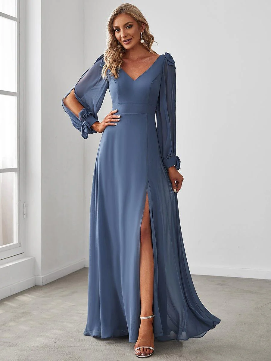 ever IVORY|Gentle Split Low Back Thigh Slit Long Sleeve Wedding Guest Dress - Image 10