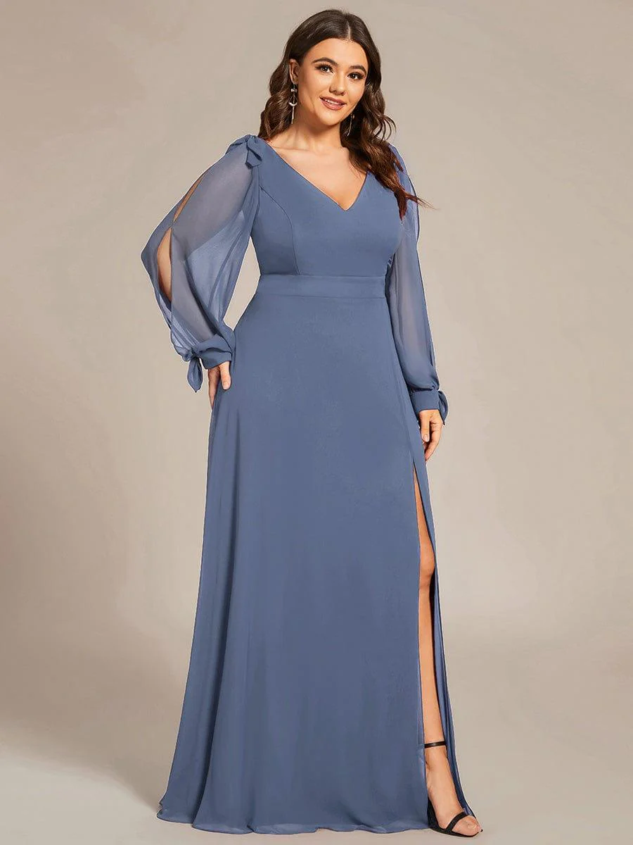 ever IVORY|Gentle Split Sleeve Low Back Thigh Slit Dress in Dusty Blue - Image 10