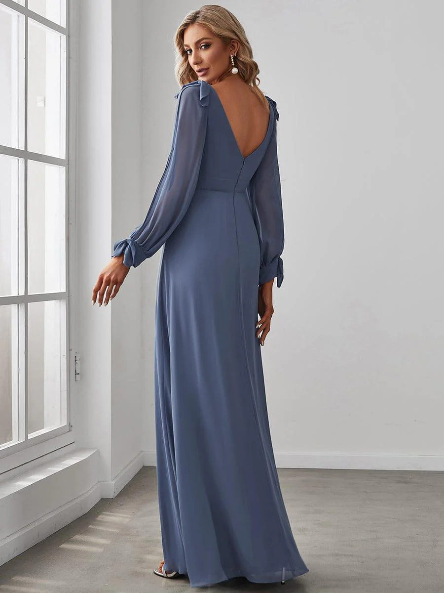 ever IVORY|Gentle Split Sleeve Low Back Thigh Slit Dress in Dusty Blue - Image 2