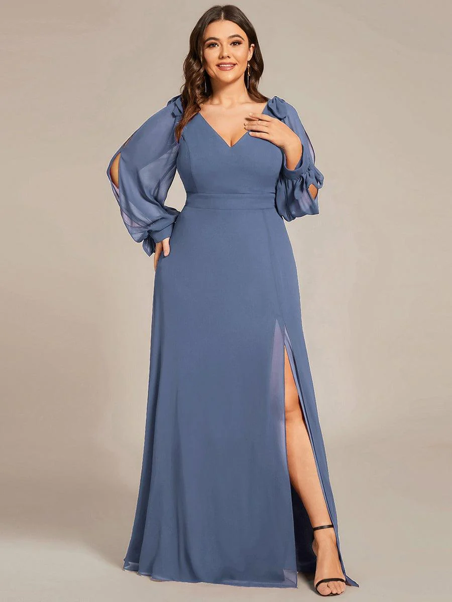 ever IVORY|Gentle Split Sleeve Low Back Thigh Slit Dress in Dusty Blue - Image 6