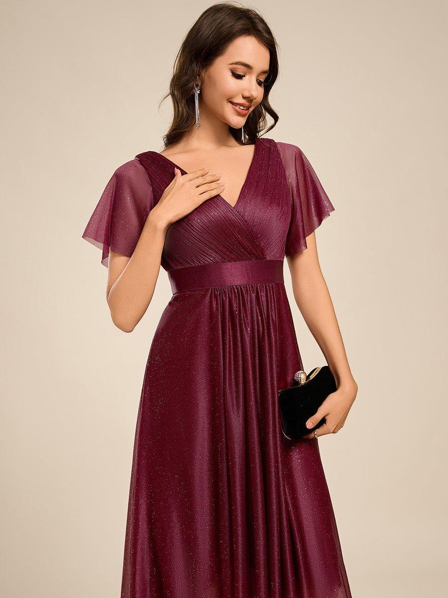 ever SOL|Glitter V-Neck Ruffles Sleeve Asymmetrical Hem Midi Length Wedding Guest Dress - Image 13