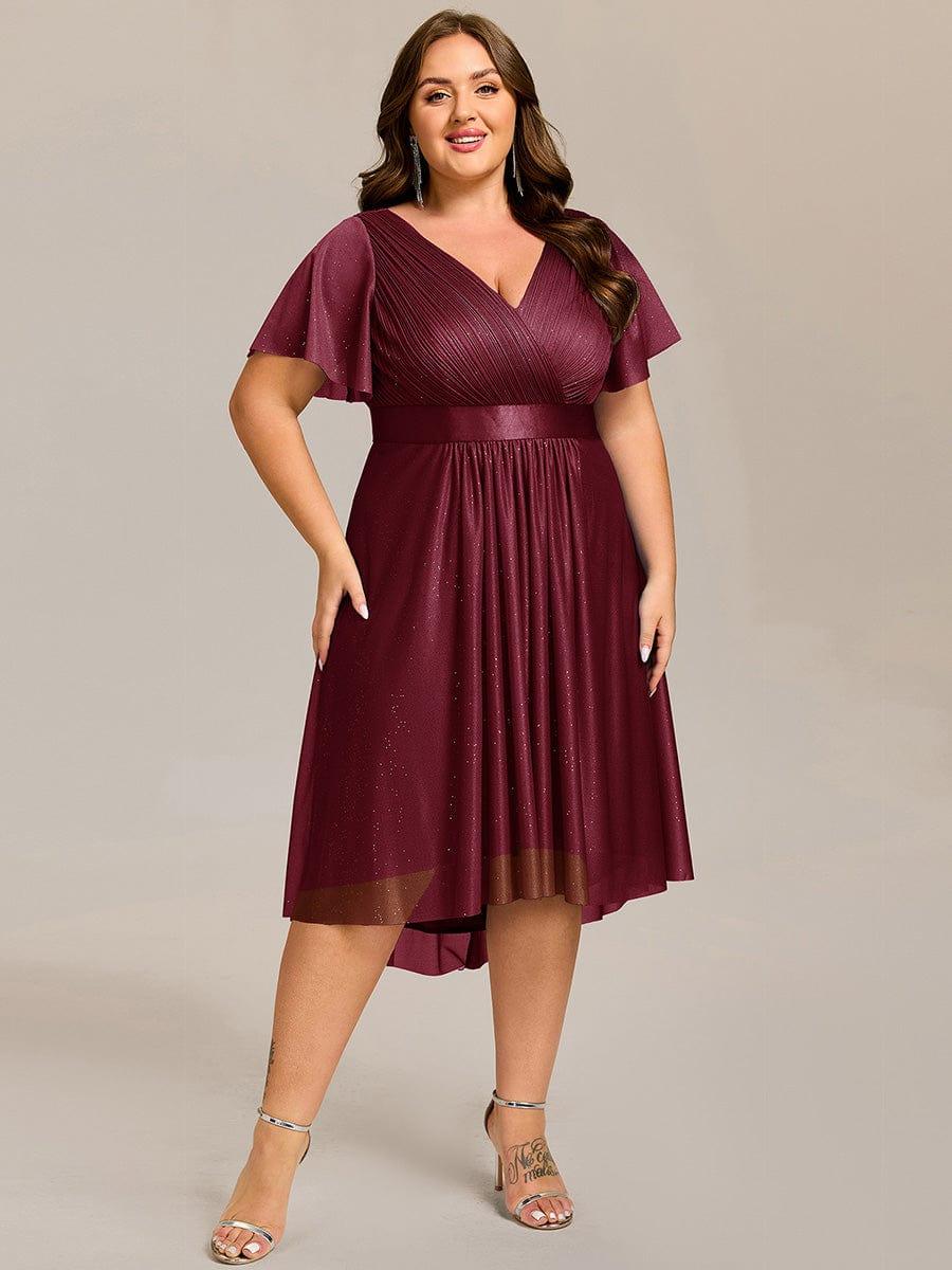 ever SOL|Glitter V-Neck Ruffles Sleeve Asymmetrical Hem Midi Length Wedding Guest Dress - Image 20