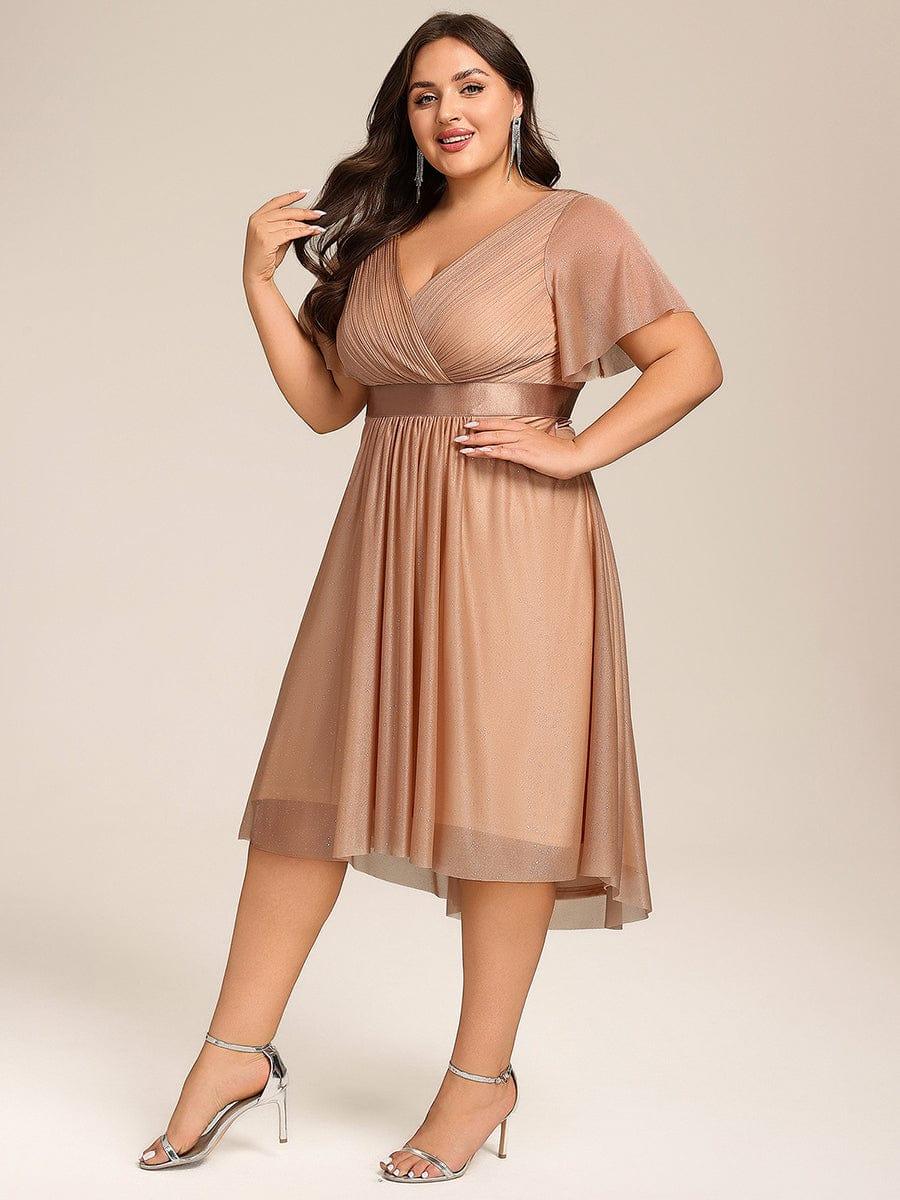 ever SOL|Glitter V-Neck Ruffles Sleeve Asymmetrical Hem Midi Length Wedding Guest Dress - Image 30