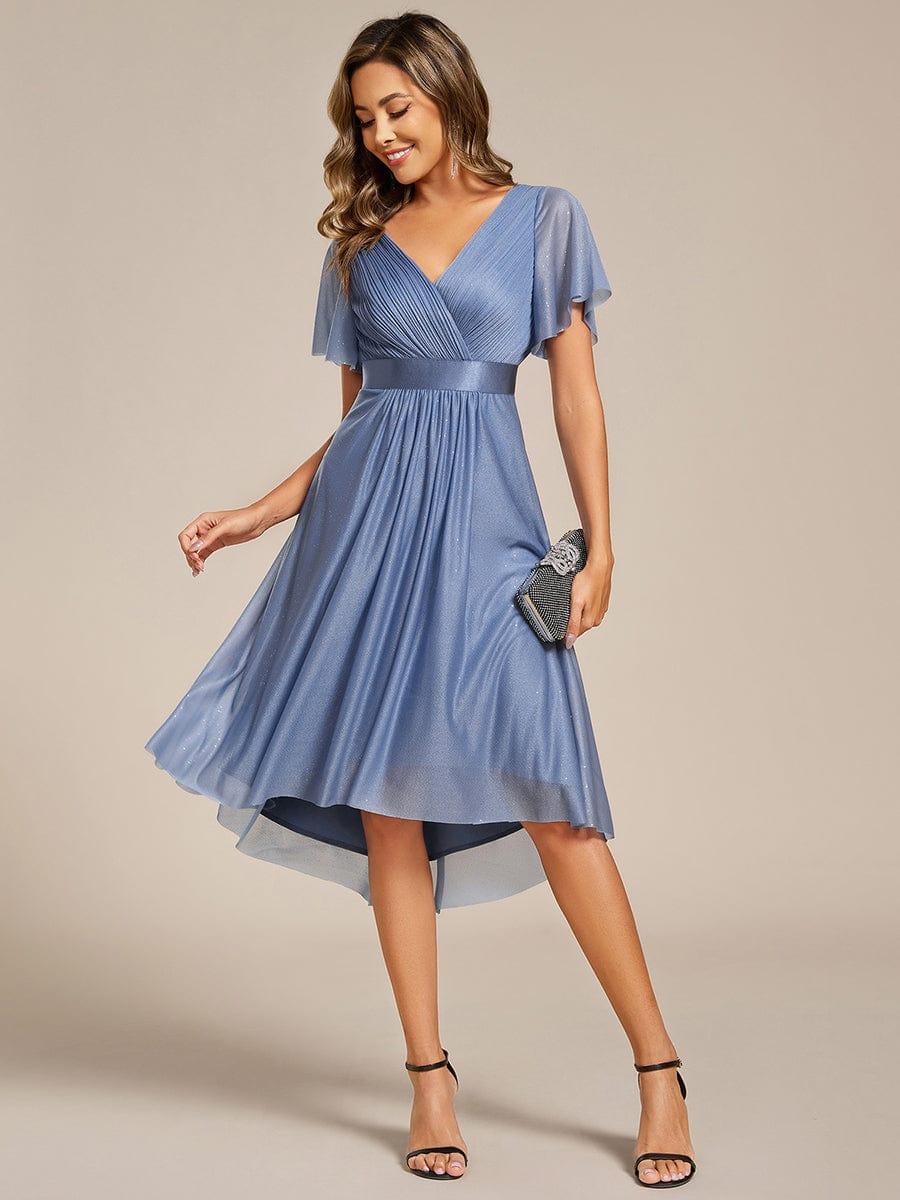 ever SOL|Glitter V-Neck Ruffles Sleeve Asymmetrical Hem Midi Length Wedding Guest Dress - Image 4