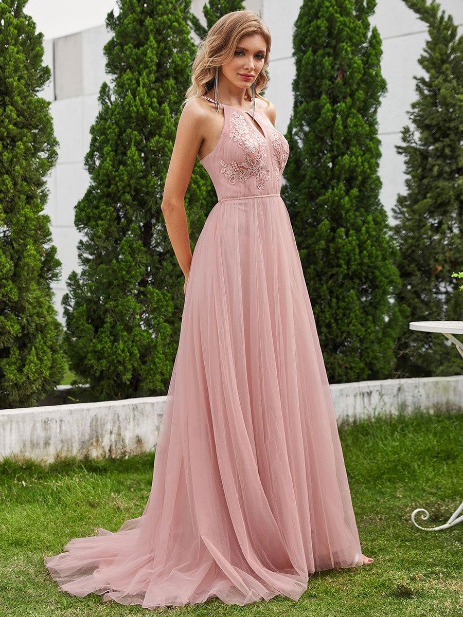 Halter Neck A-Line Tulle Maxi Dress with Applique in Pink - Image 4