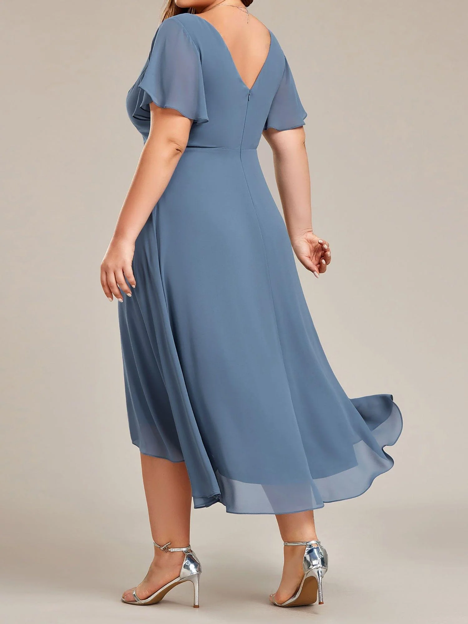 ever AALIA|High Low Chiffon Dress with V-Neck and Ruffle Sleeves - Image 16