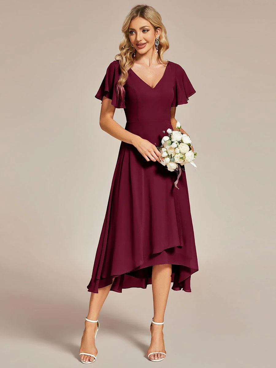 ever AALIA|High Low Chiffon Dress with V-Neck and Ruffle Sleeves - Image 8