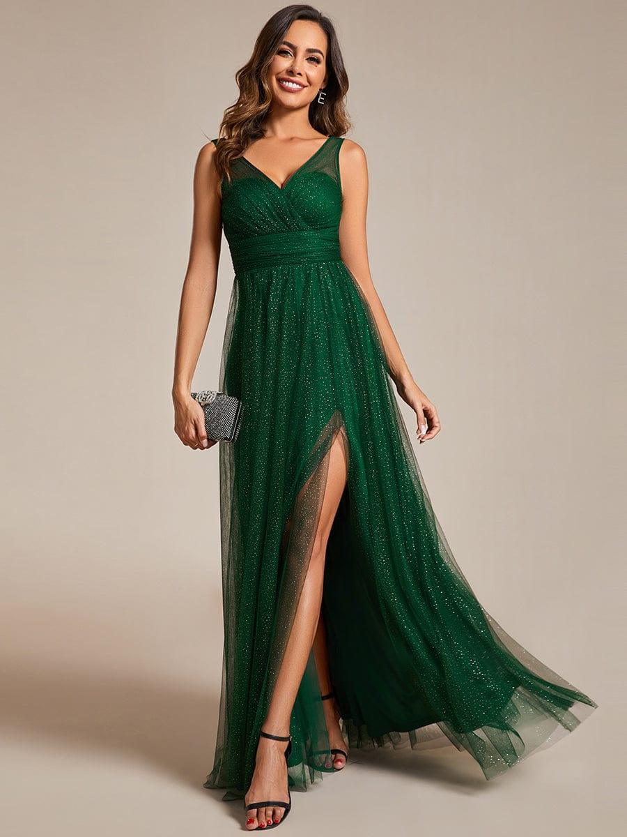 High Waist and Slit Glittering Dress with V-Neck in Dark Green(Final Sale) - Image 5