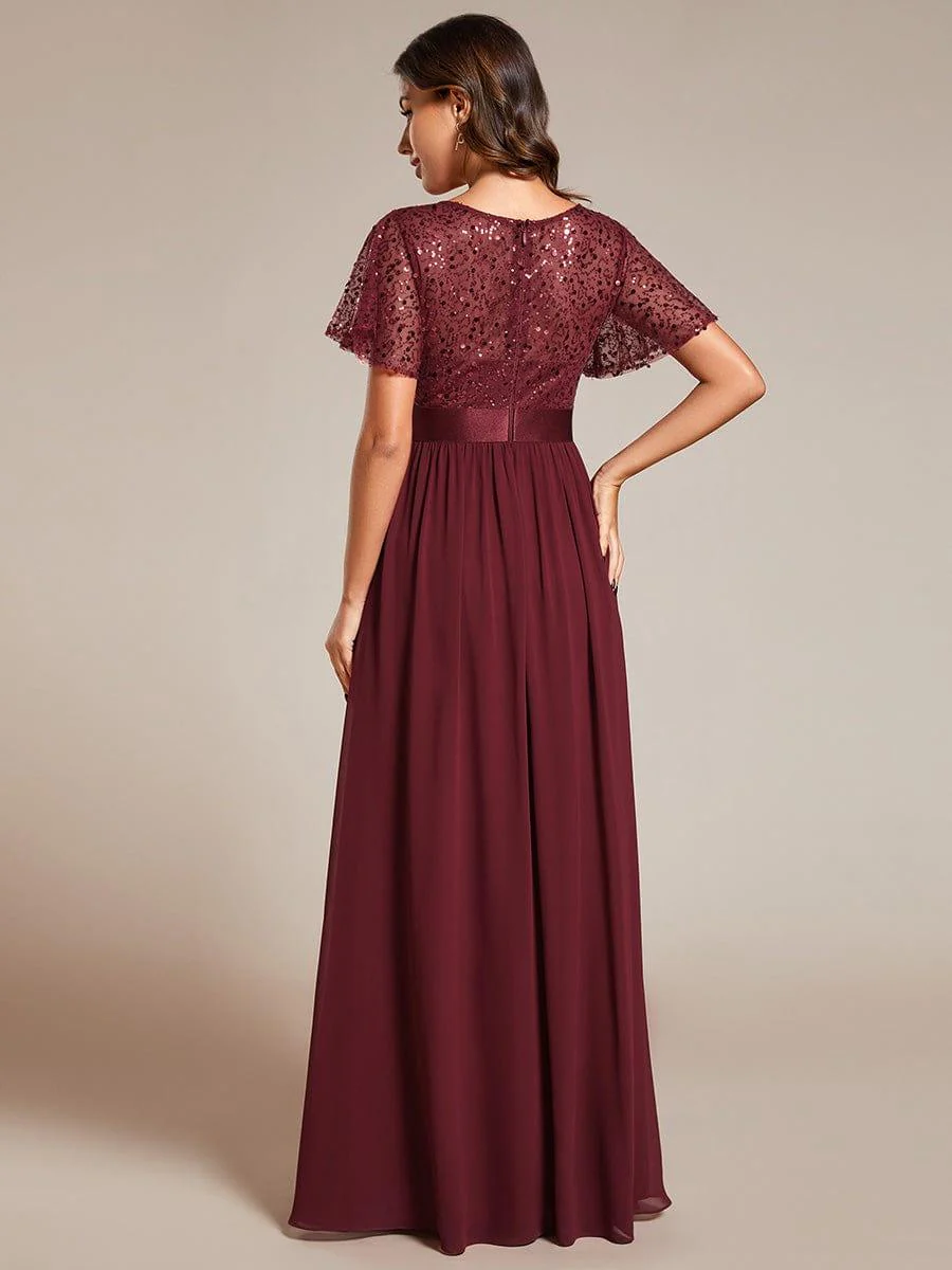 High Waist Sequin Round-Neck Short-Sleeved Evening Dress - Image 2