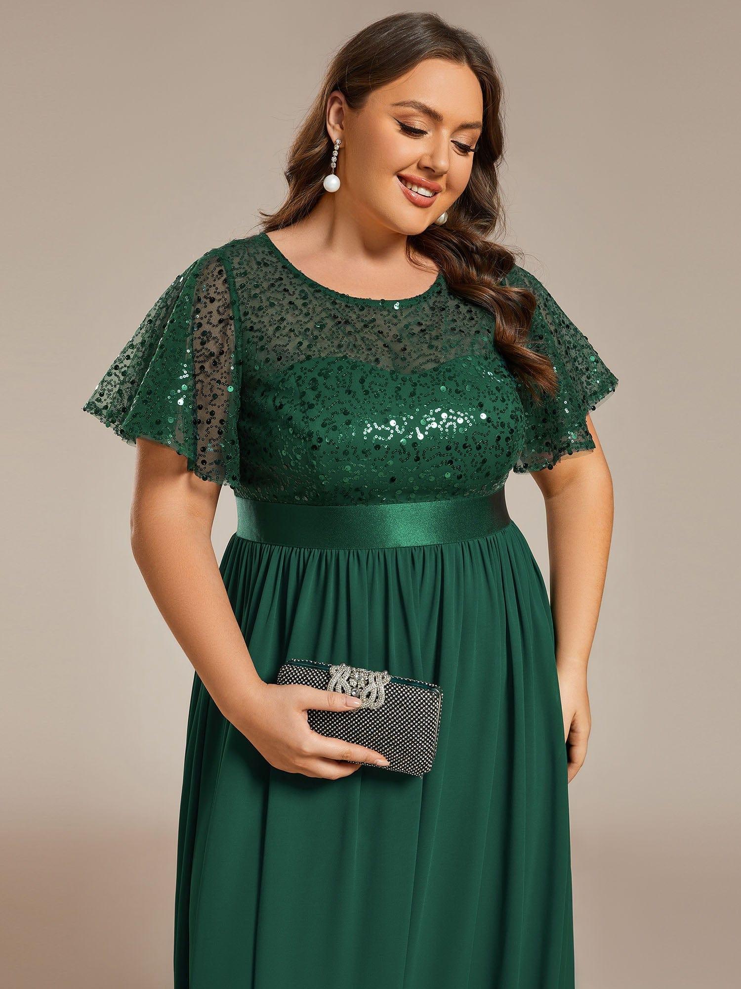 High Waist Sequin Round-Neck Short-Sleeved Evening Dress - Image 24