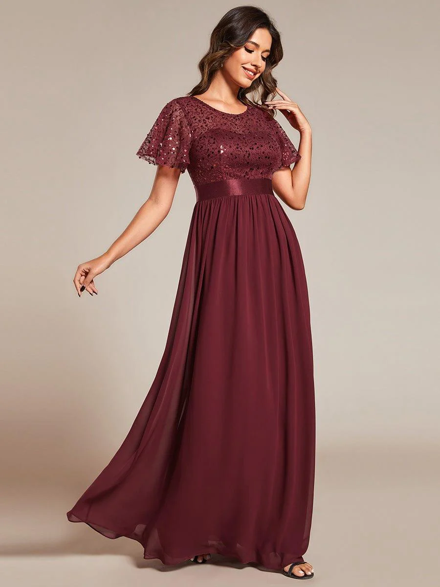 High Waist Sequin Round-Neck Short-Sleeved Evening Dress - Image 5
