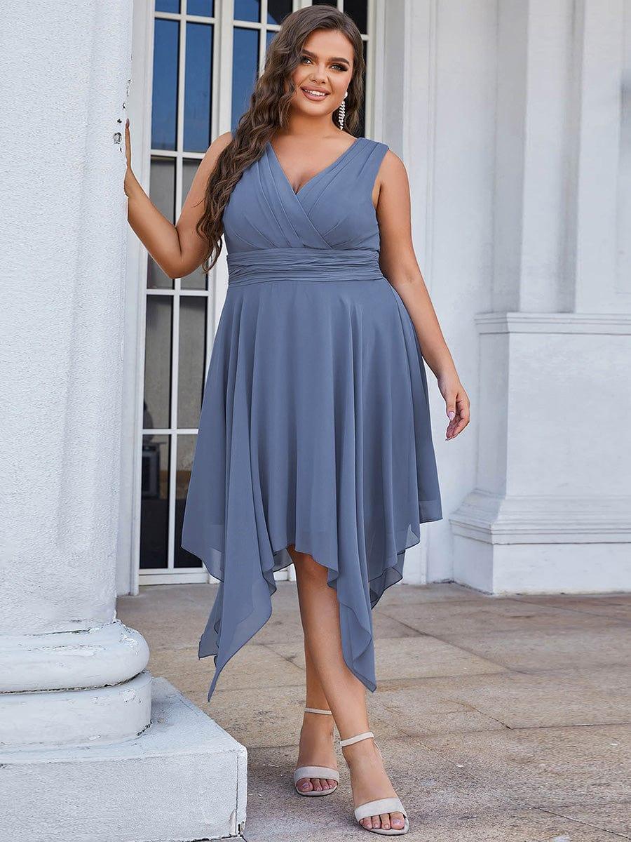 Knee Length Chiffon Dress with Irregular Hem in Dusty Blue(Final Sale) - Image 11