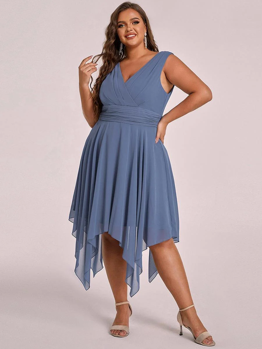 Knee Length Chiffon Dress with Irregular Hem in Dusty Blue(Final Sale) - Image 6