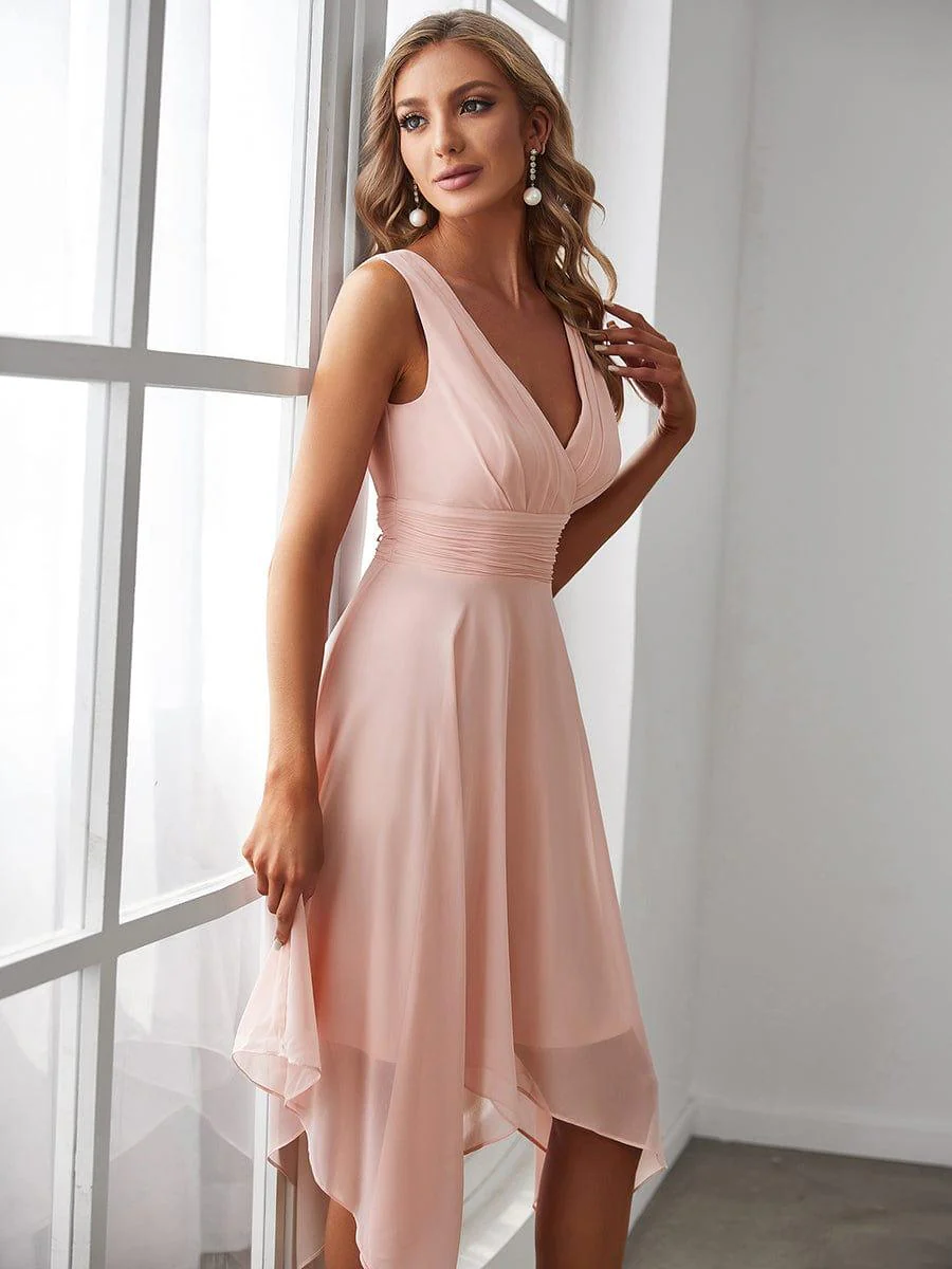 Knee Length Chiffon Dress with Irregular Hem In Pink - Image 3