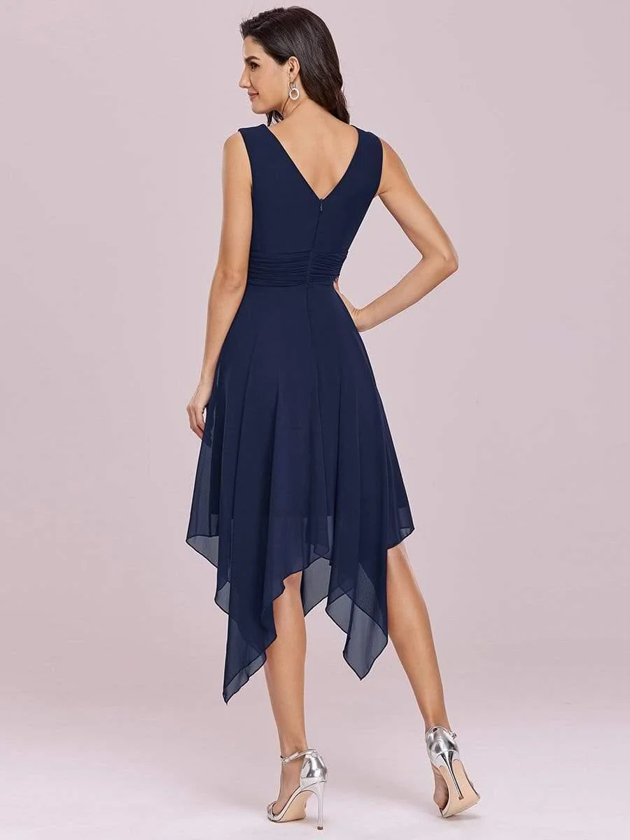 Simple V-Neck Irregular Hem Chiffon Midi Bridesmaid Dress - Image 11
