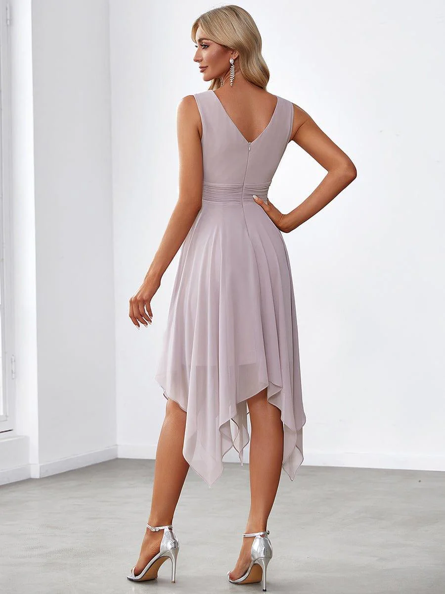 Simple V-Neck Irregular Hem Chiffon Midi Bridesmaid Dress - Image 15