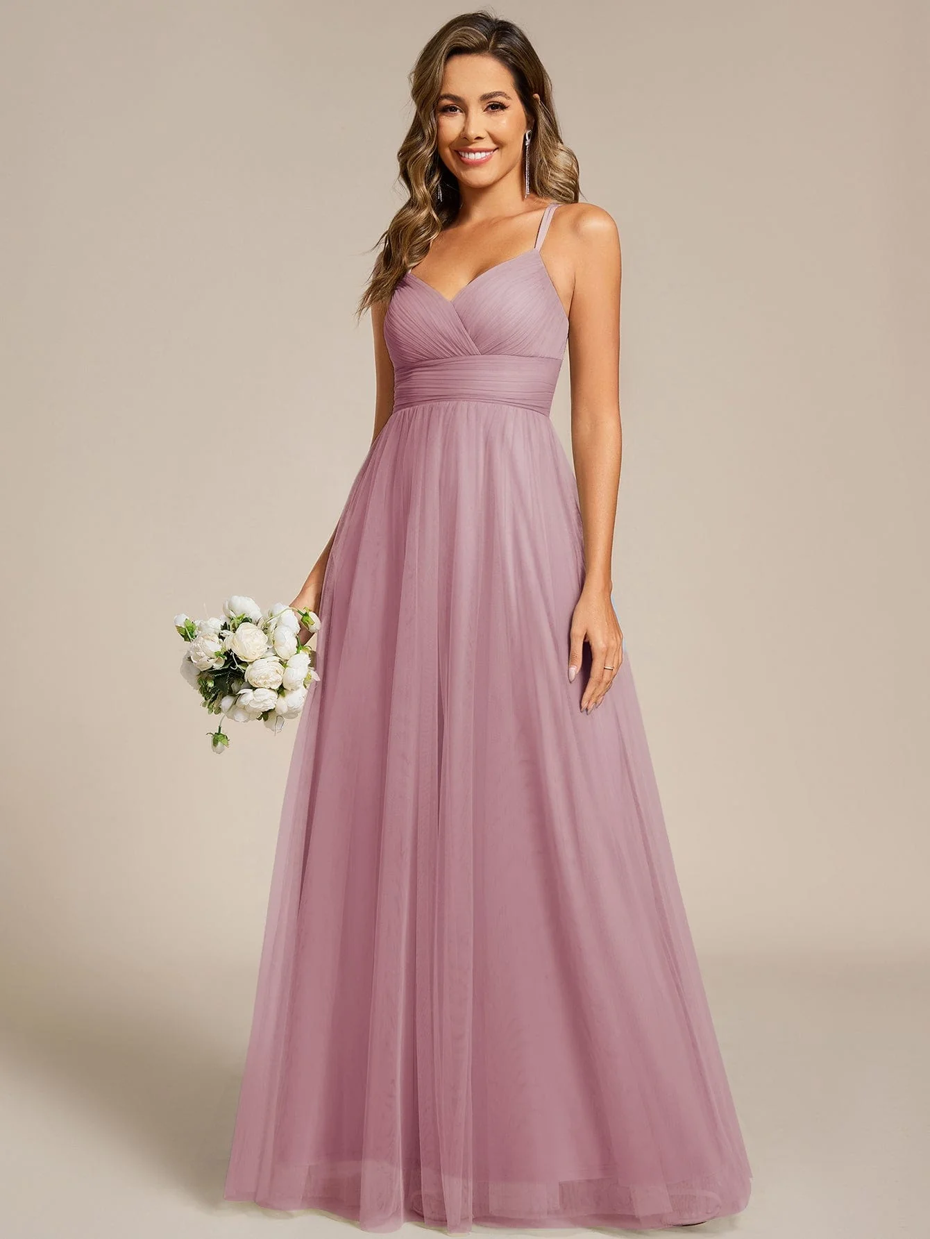 ever JAYCEE|Lace Back Cross-Strap V-Neck Pleated Sleeveless Tulle Bridesmaid Dress - Image 51