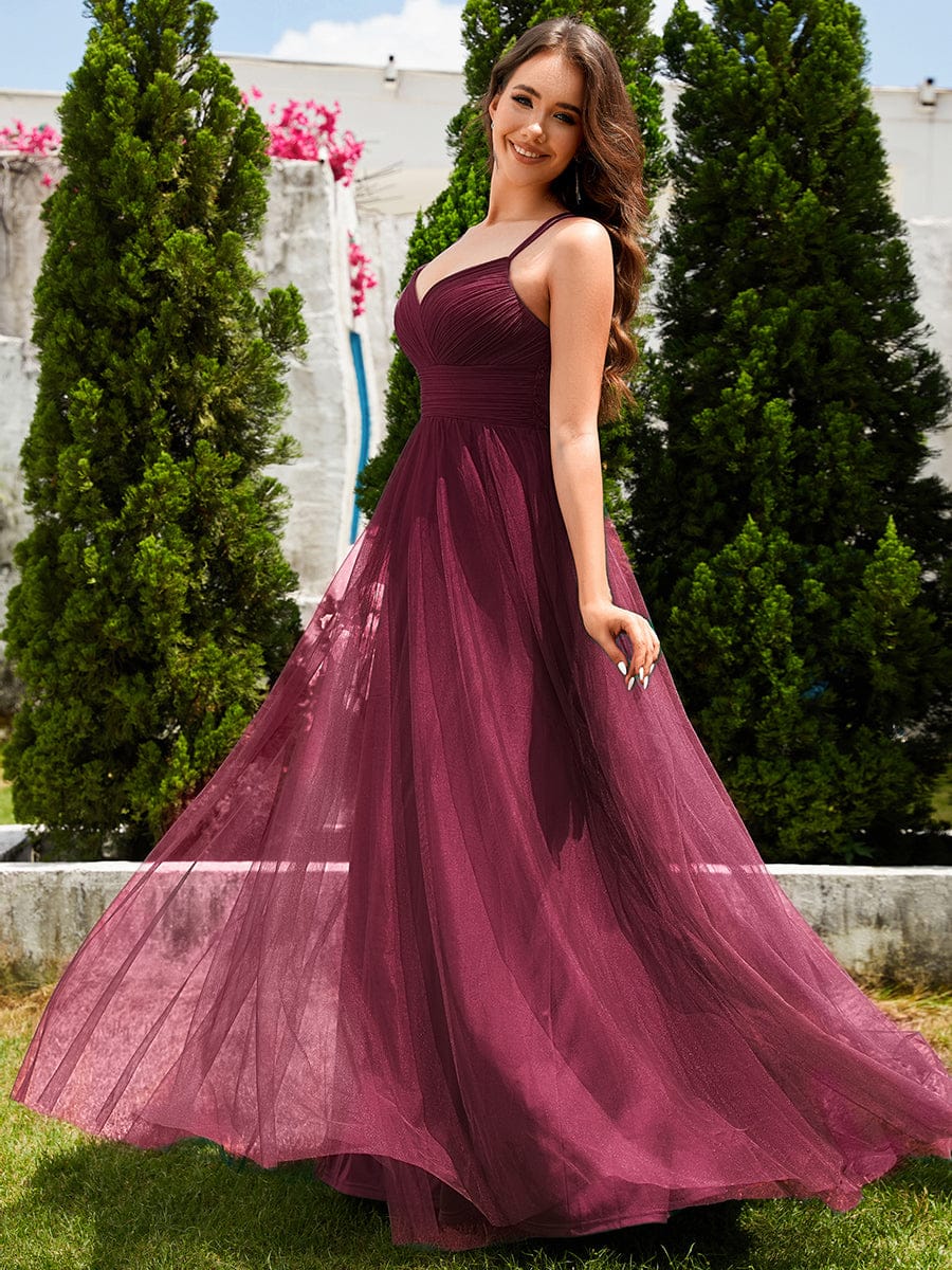 ever JAYCEE|Lace Back Cross-Strap V-Neck Pleated Sleeveless Tulle Bridesmaid Dress - Image 54