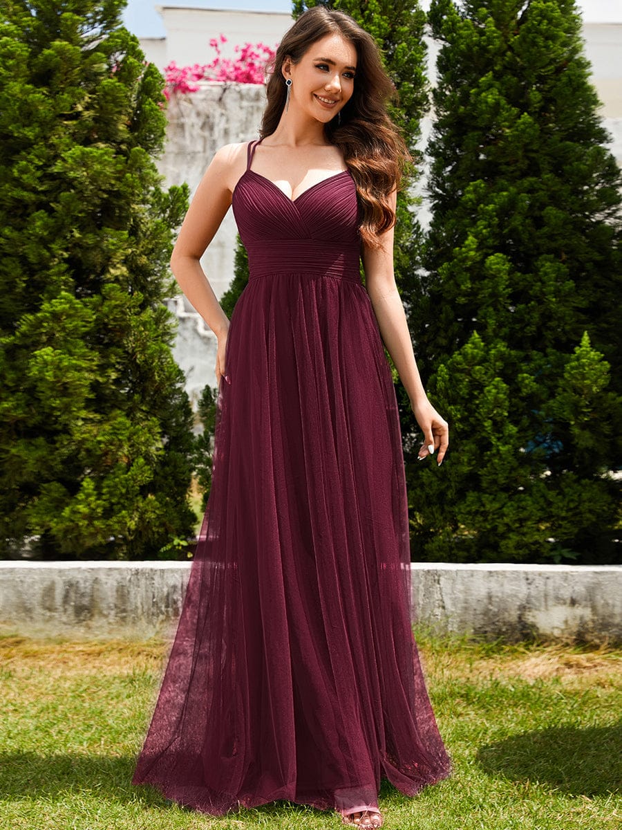 ever JAYCEE|Lace Back Cross-Strap V-Neck Pleated Sleeveless Tulle Bridesmaid Dress - Image 55