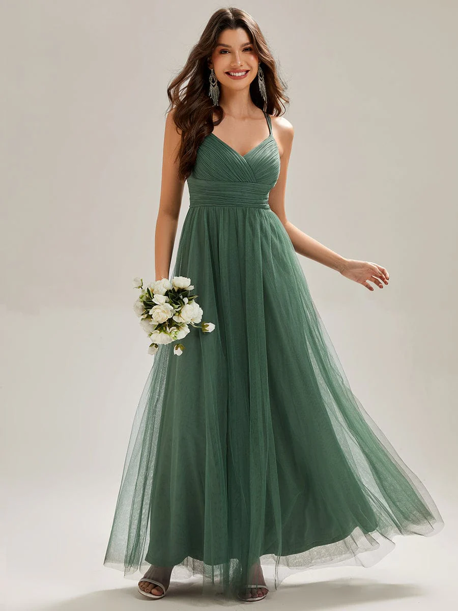 ever JAYCEE|Lace Back Cross-Strap V-Neck Pleated Sleeveless Tulle Dress in Dark Green - Image 44