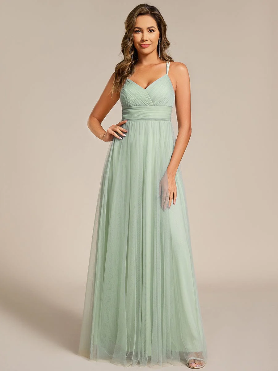 ever JAYCEE|Lace Back Cross-Strap V-Neck Pleated Sleeveless Tulle Dress In Pink - Image 18