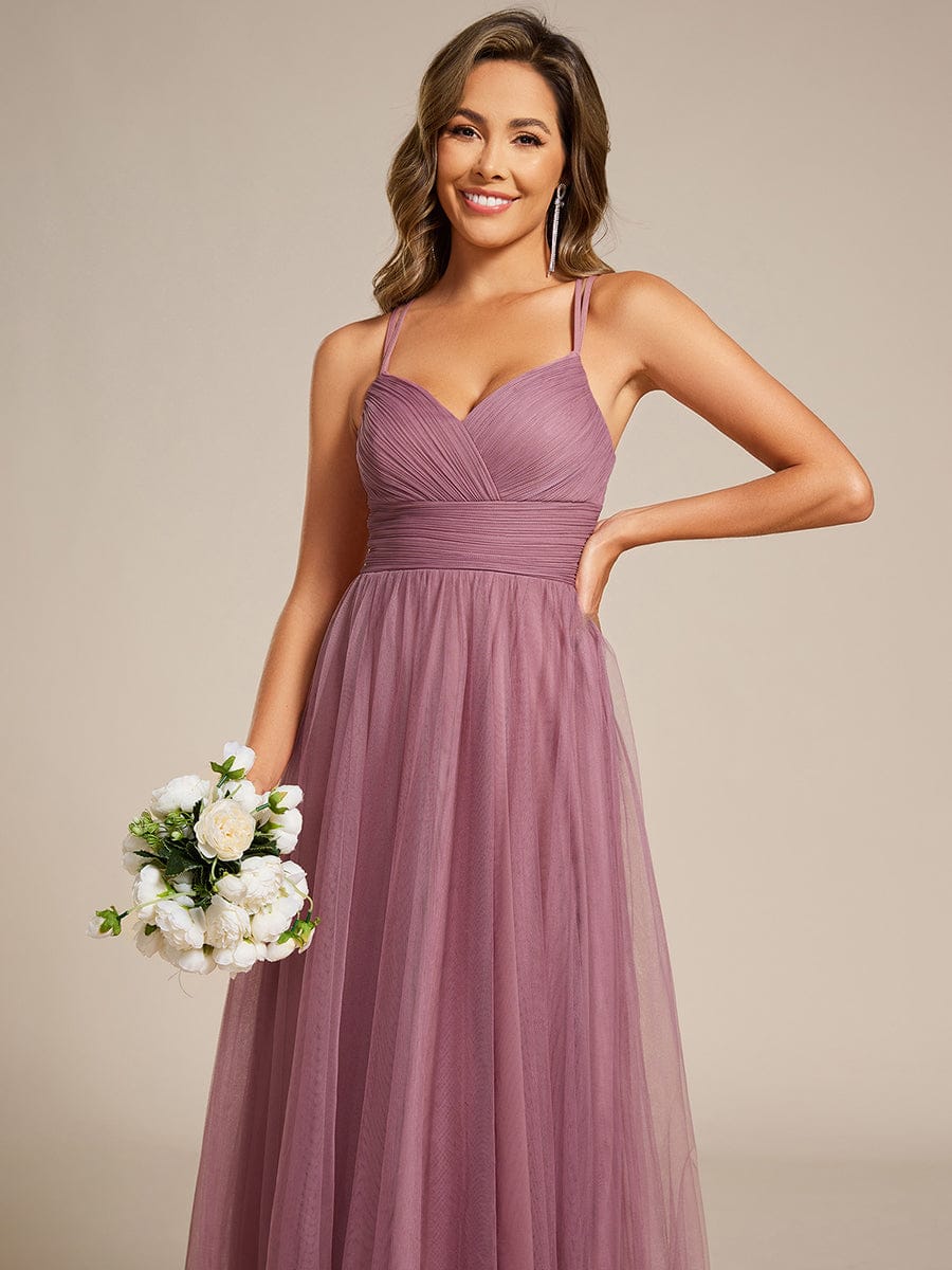 ever JAYCEE|Lace Back Cross-Strap V-Neck Pleated Sleeveless Tulle Dress In Pink - Image 35