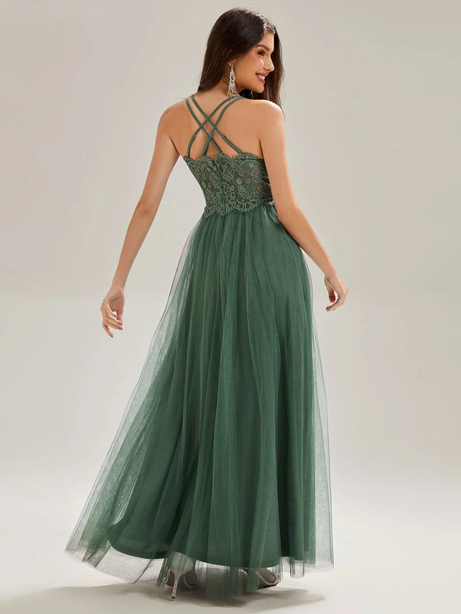 ever JAYCEE|Lace Back Cross-Strap V-Neck Pleated Sleeveless Tulle Dress In Pink - Image 42