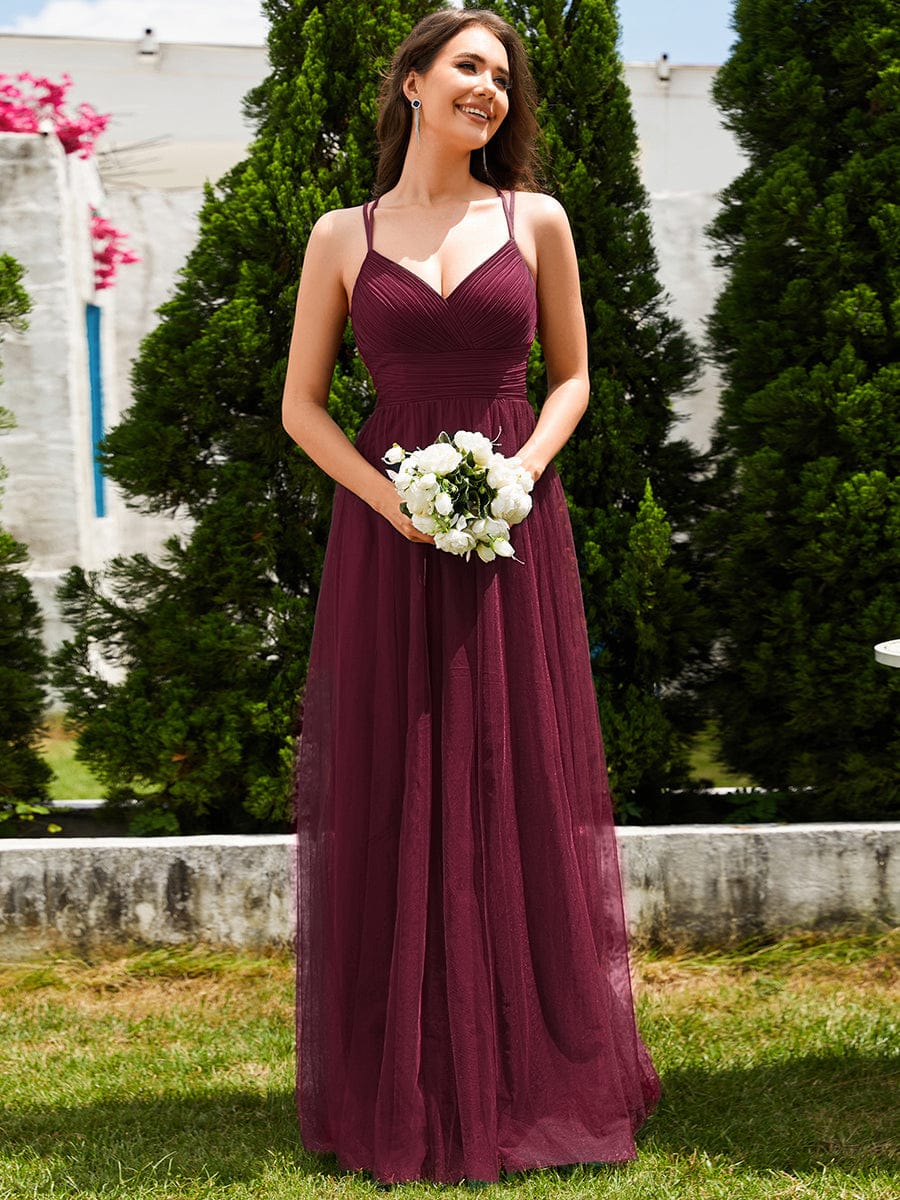 ever JAYCEE|Lace Back Cross-Strap V-Neck Pleated Sleeveless Tulle Dress In Pink - Image 6