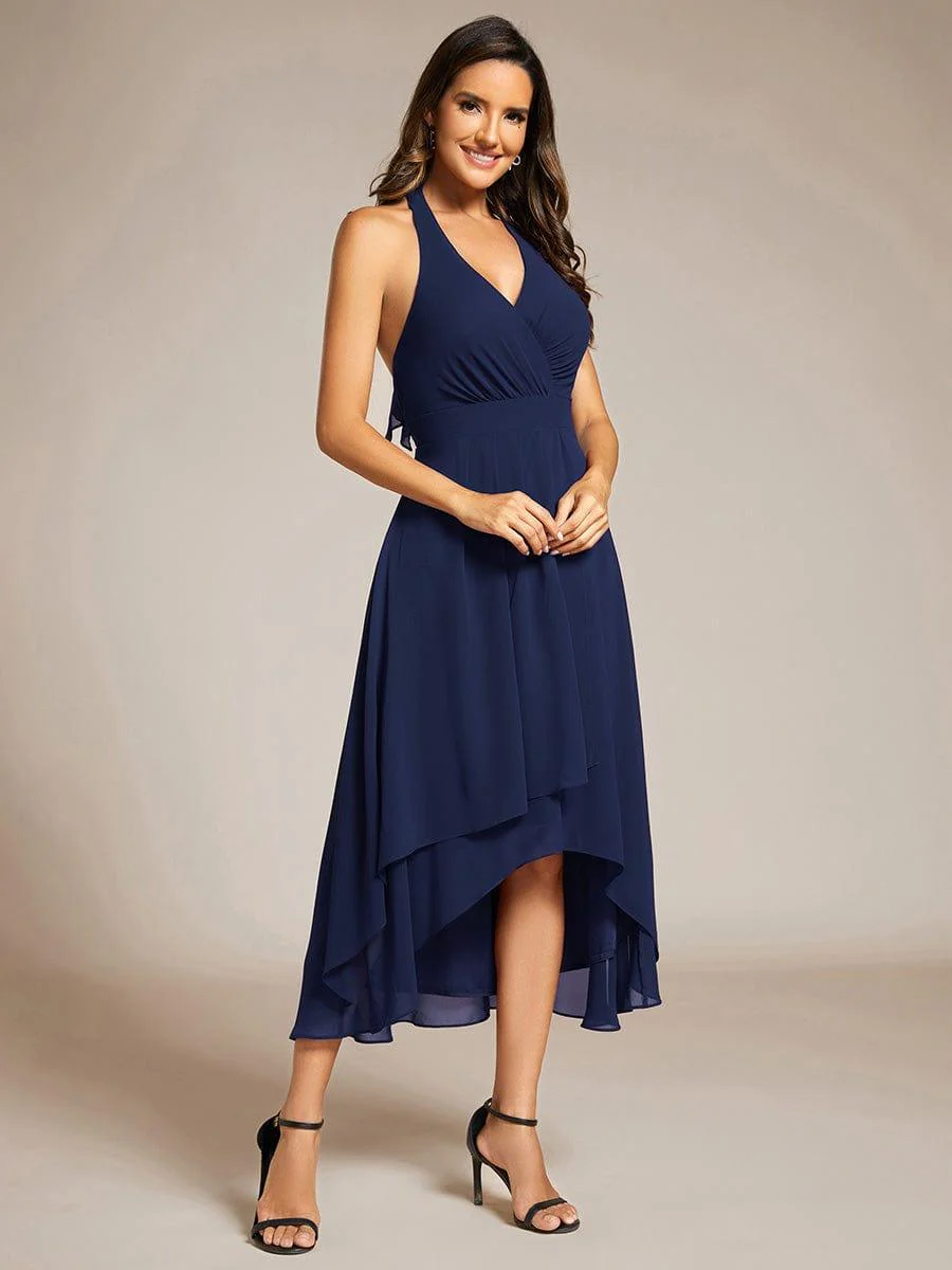 Halter Tie Neck Backless High Low Chiffon Wedding Guest Dress - Image 15