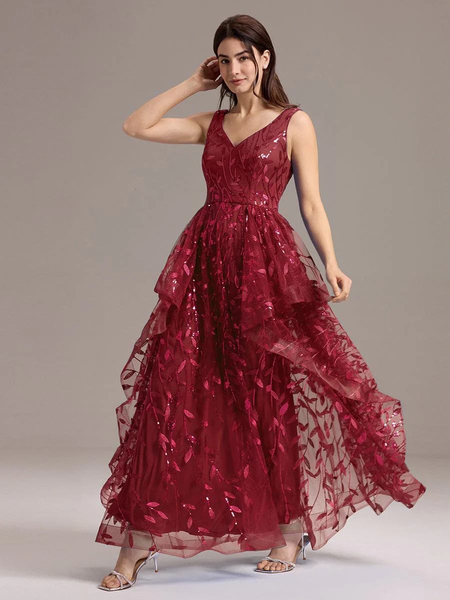 ever TOMMI|Designer Leaf Sequin Asymmetrical Hem Maxi Evening Dress - Image 9