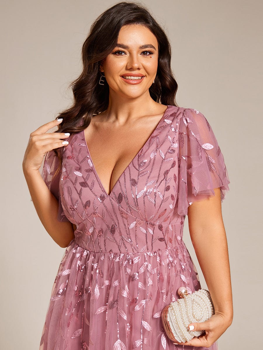 ever SIMONE|Leaf Sequin Short Sleeve Tulle Midi Evening Dress(Final Sale) - Image 100